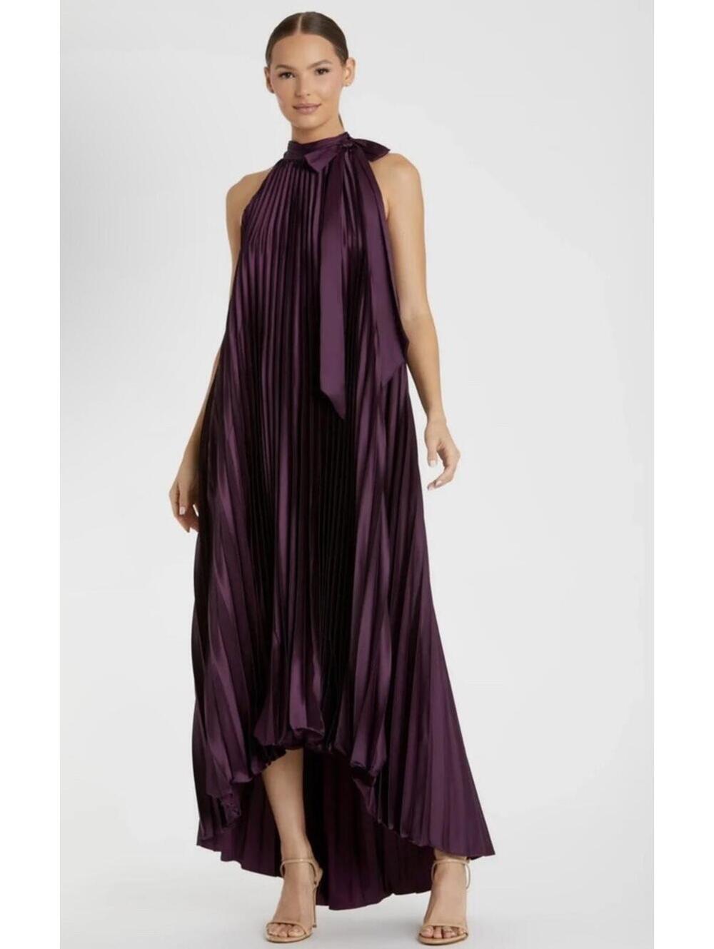 New MAC DUGGAL Purple Pleated Halter Neck High Low Gown In Plum Sz 4 $498